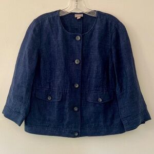 J.Jill Indigo Linen Cropped Jacket 3/4 Sleeves Pockets Button Front Size Small
